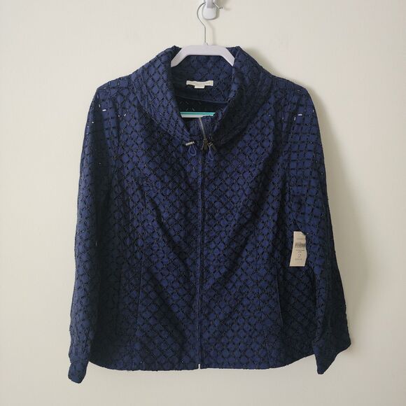 NWT $129 Coldwater Creek Womens Diamond Eyelet Jacket Navy Blue Full-Zip Sz 14P - Picture 1 of 9